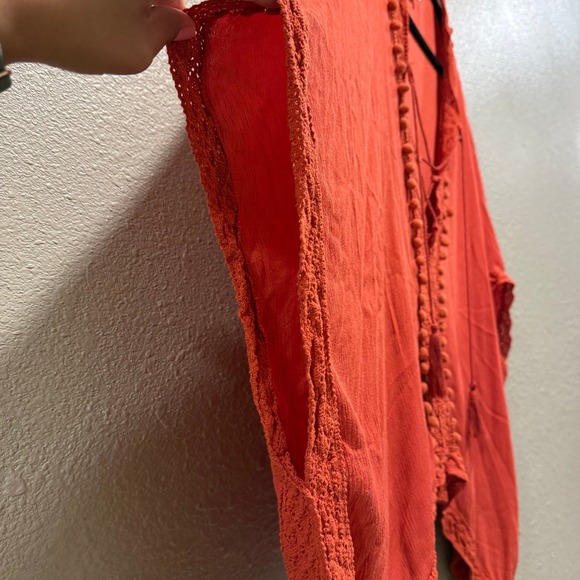 Harve Benard Womens Burnt Orange Crochet Pom Pom Tassel Poncho Top One Size - Picture 3 of 5